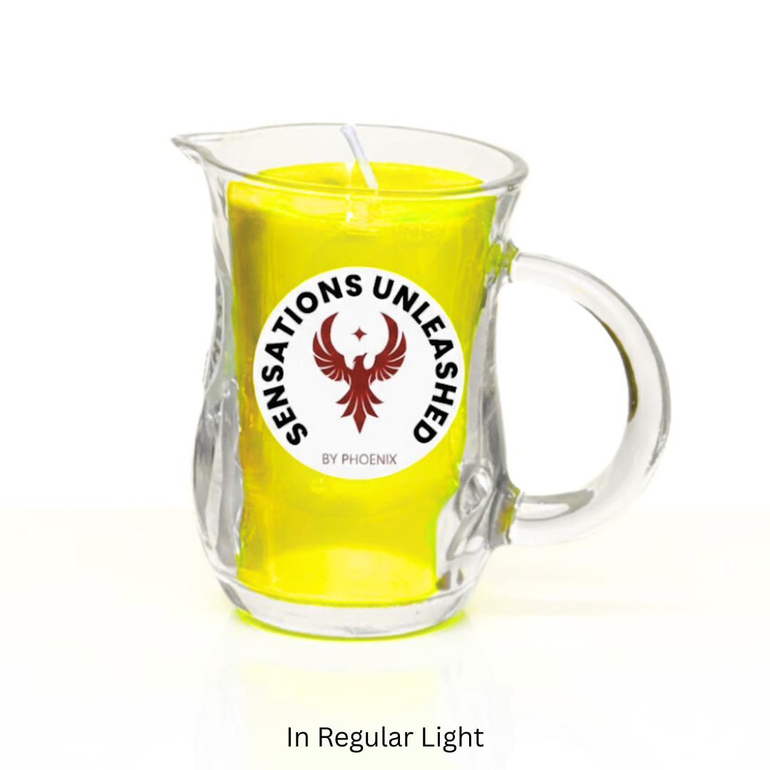 Clear glass jar with yellow candle inside, featuring 'Sensations Unleashed by Phoenix' logo.

Sensations Unleashed BDSM UV Wax Play Glass Jar Candle with Handle In India- Single Colour