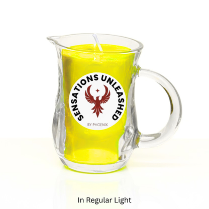 Clear glass jar with yellow candle inside, featuring 'Sensations Unleashed by Phoenix' logo.

Sensations Unleashed BDSM UV Wax Play Glass Jar Candle with Handle In India- Single Colour